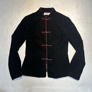 Shanghai Tang Black Velvet Jacket Red Piping Silk Frog Buttons Size Small